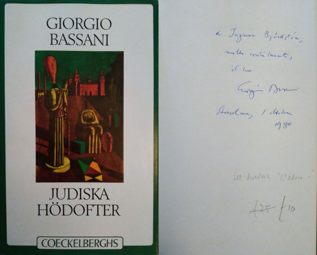Libro "Judiska Hodofter" di Giorgio Bassani con dedica a Ingmar Bjőrkstén