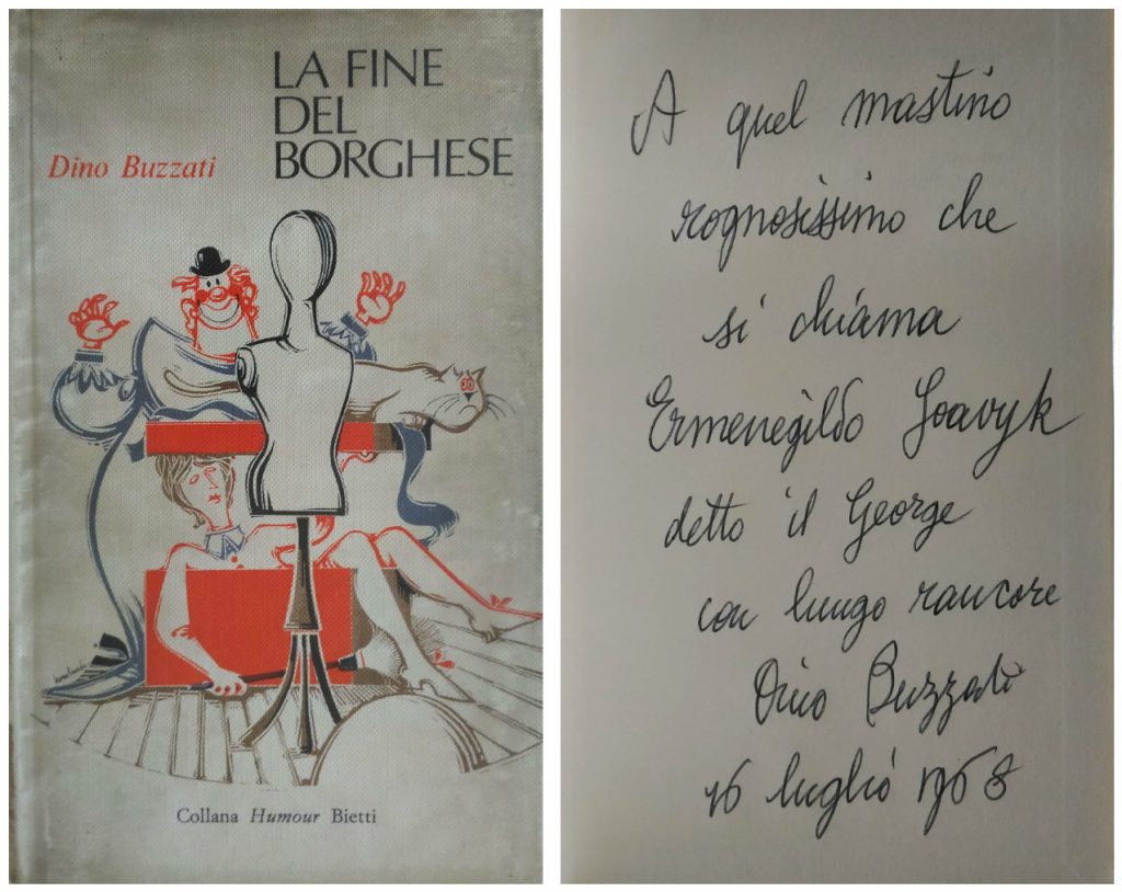 Libro "La fine del borghese" di Dino Buzzati con dedica a Giorgio Soavi