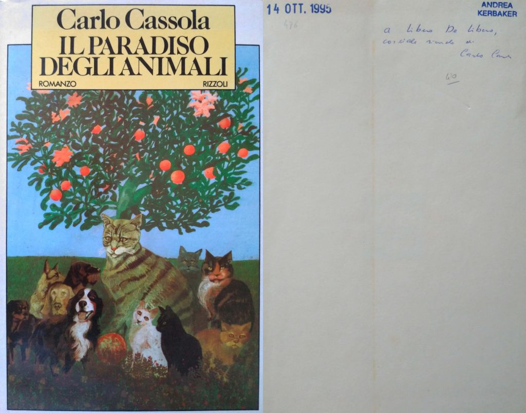 Libro "Il paradiso degli animali" di Carlo Cassola con dedica a Libero de Libero