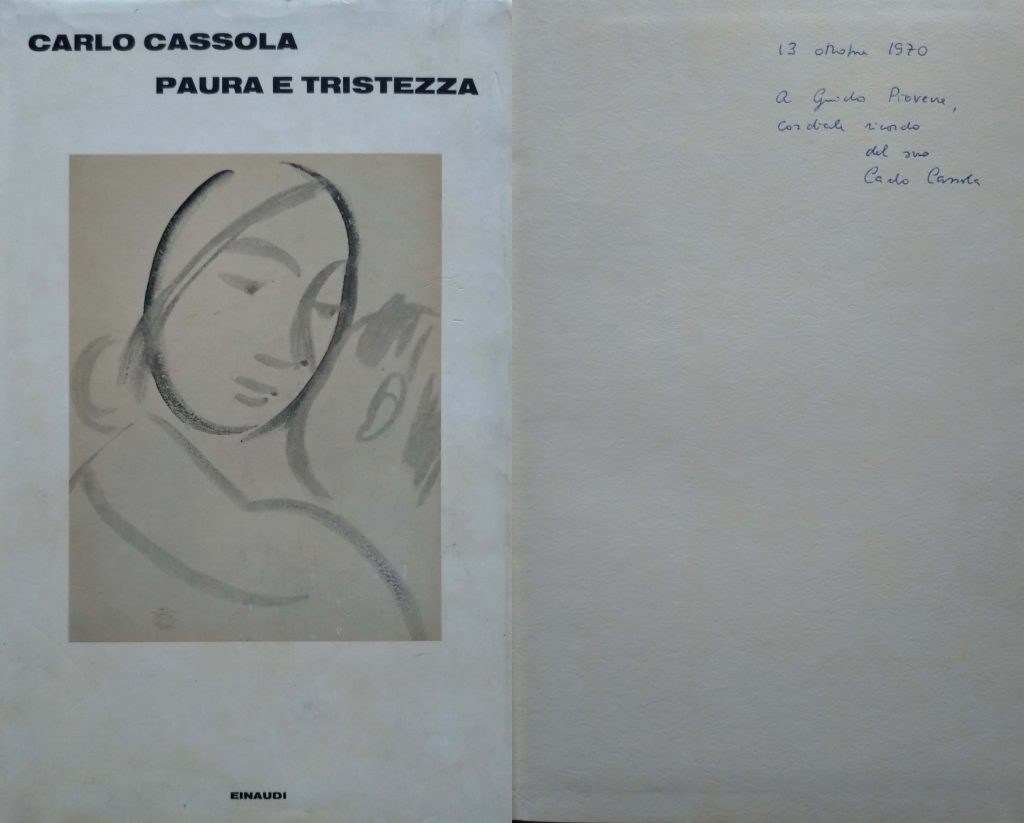 Libro "Paura e tristezza" di Carlo Cassola con dedica a Guido Piovene