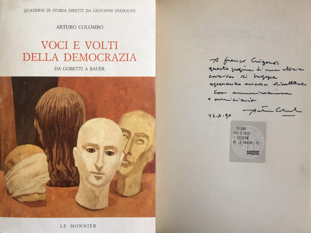 Libro "Voci e volti della democrazia" di Arturo Colombo con dedica a Franco CIngano