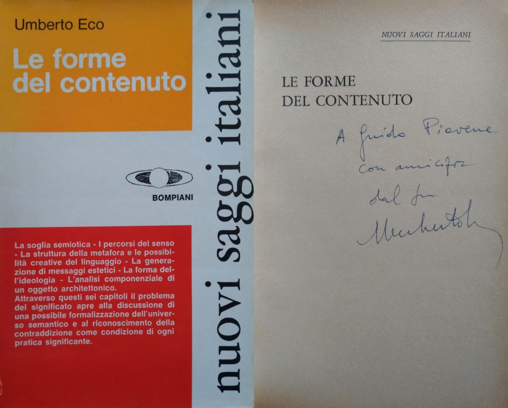 Libro "Le forme del contenuto" di Umberto Eco con deidca a Guido Piovene
