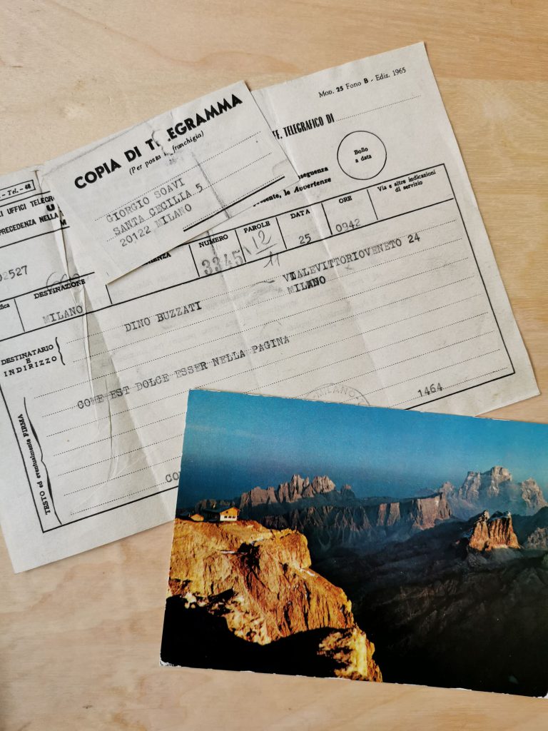 Telegramma e cartolina indirizzati a Giorgio Soavi da Dino Buzzati