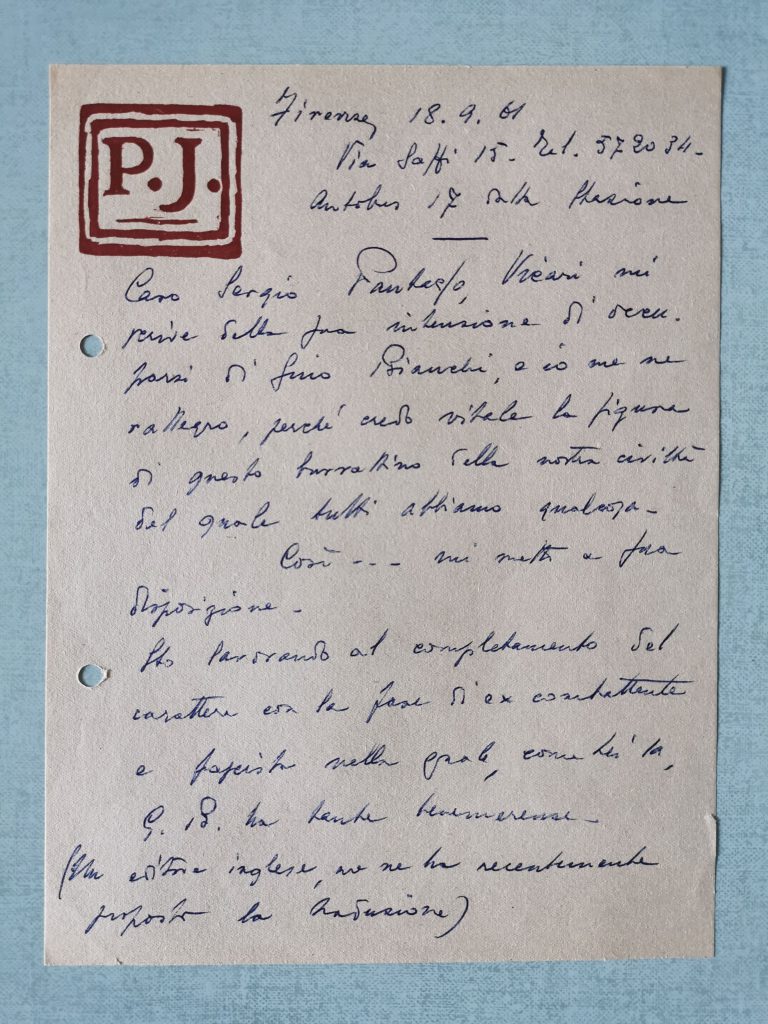 Lettera di Piero Jahier a Serrgio Pautasso