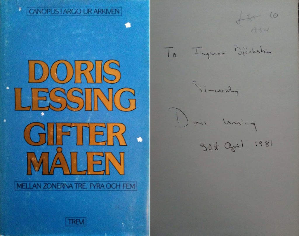 Libro "Gifter malen" di Doris Lessing con dedica a Libro "Judiska Hodofter" di Giorgio Bassani con dedica a Ingmar Bjőrkstén