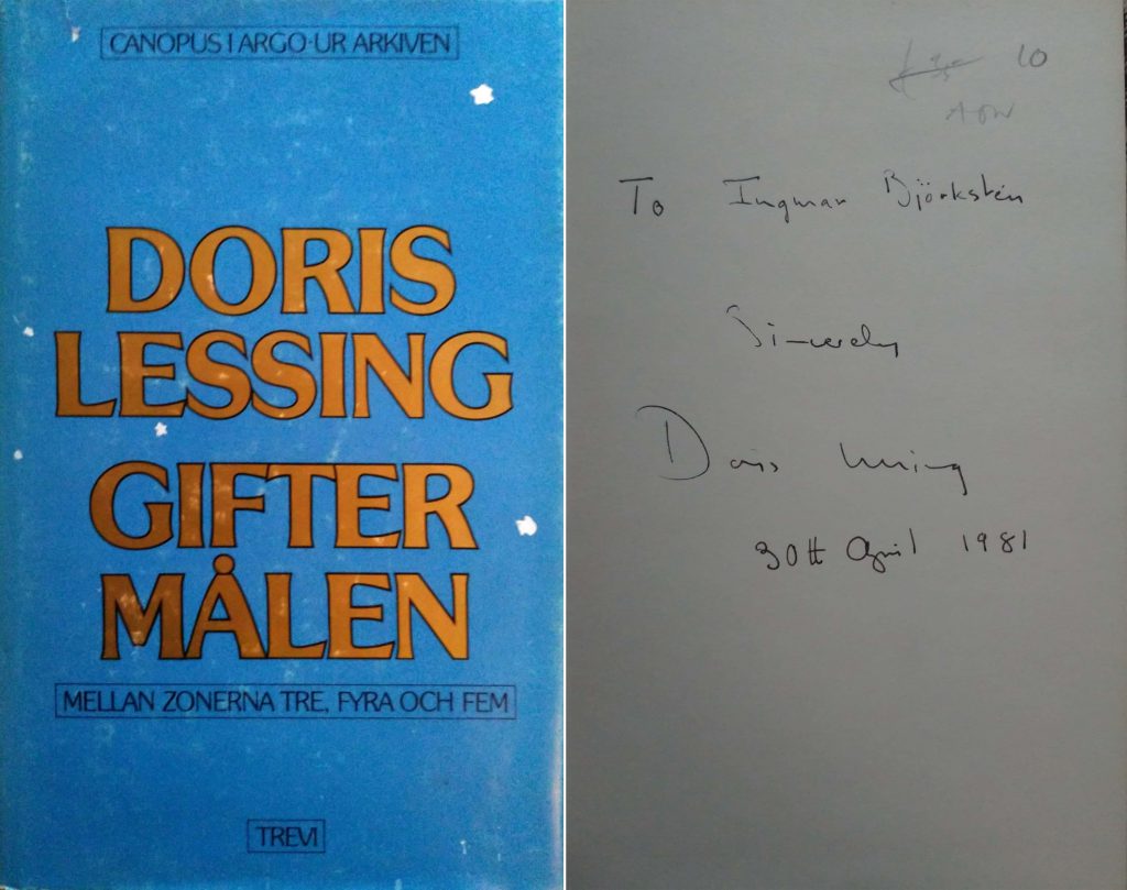 Libro "Gifter malen" di Doris Lessing con dedica a Libro "Judiska Hodofter" di Giorgio Bassani con dedica a Ingmar Bjőrkstén