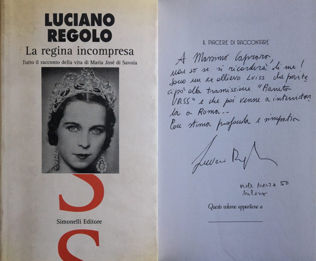 Libro "La regina incompresa" di Luciano Regolo con dedica a Massimo Caprara
