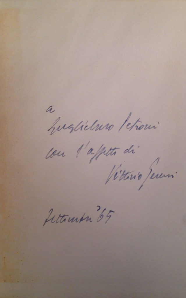 Libro "Gli strumenti umani" di Vittorio Sereni con dedica a Guglielmo Petroni